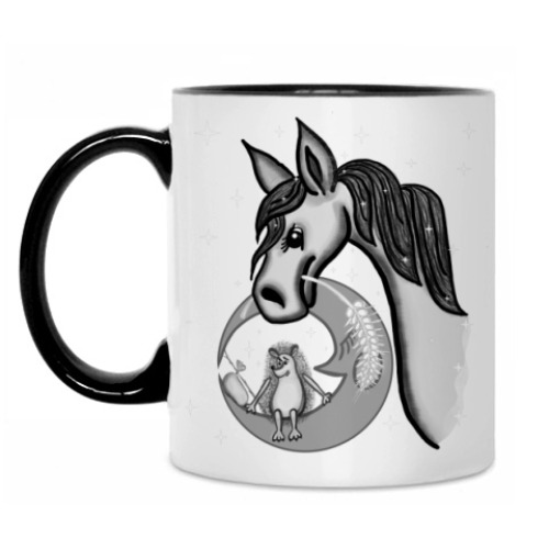 Кружка с принтом Ежик на луне и лошадка в туман