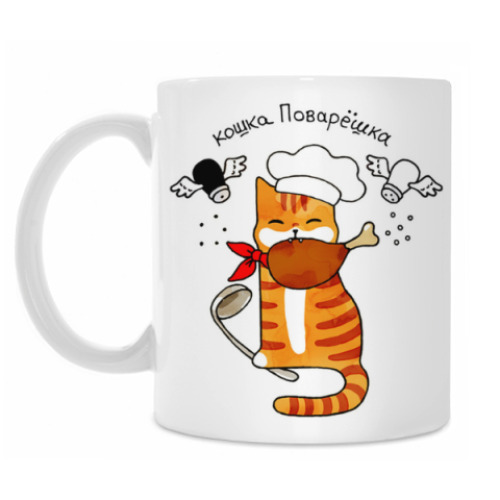 Кружка с принтом Кошка повар с поварёшкой любит