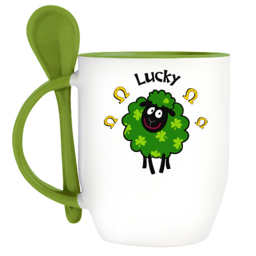 Кружка с ложкой с принтом Овечка Lucky