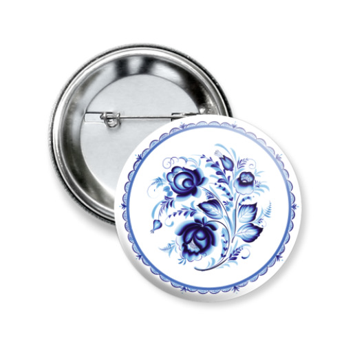 Значок 50мм с принтом Гжель синяя