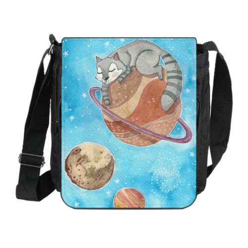 Сумка на плечо (мини-планшет) с принтом Кот на Сатурне