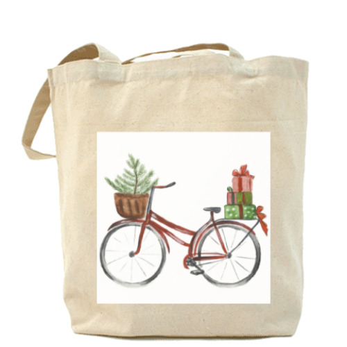 Сумка шоппер с принтом Красный рождественский велосипед
