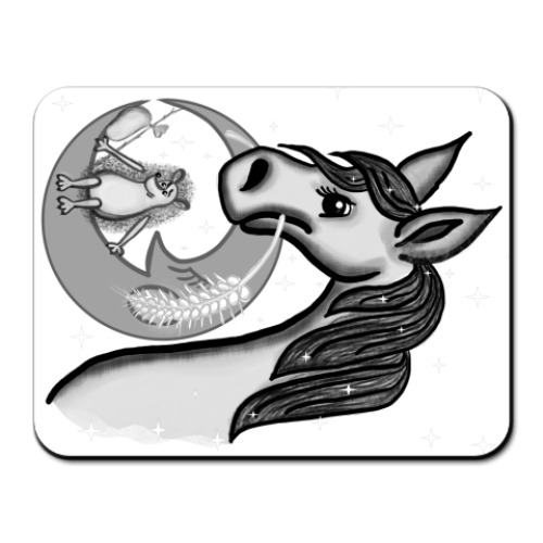 Коврик для мыши с принтом Ежик на луне и лошадка в туман