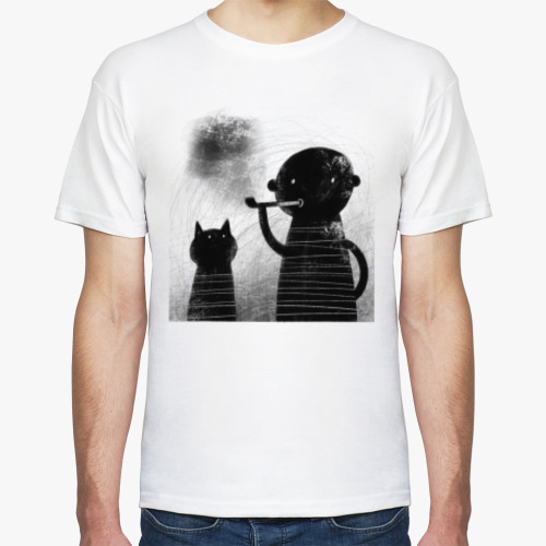 Футболка с принтом Человек и кошка