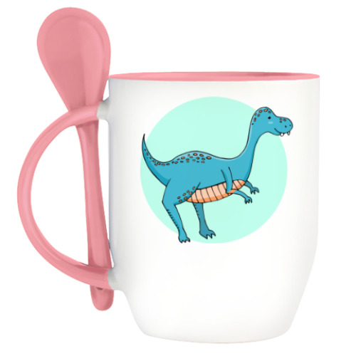 Кружка с ложкой с принтом Динозаврик