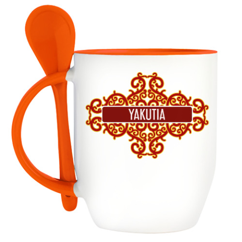 Кружка с ложкой с принтом Национальный узор Якутия Yakutia