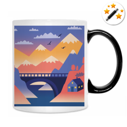 Кружка-хамелеон с принтом Дом, олень и горы