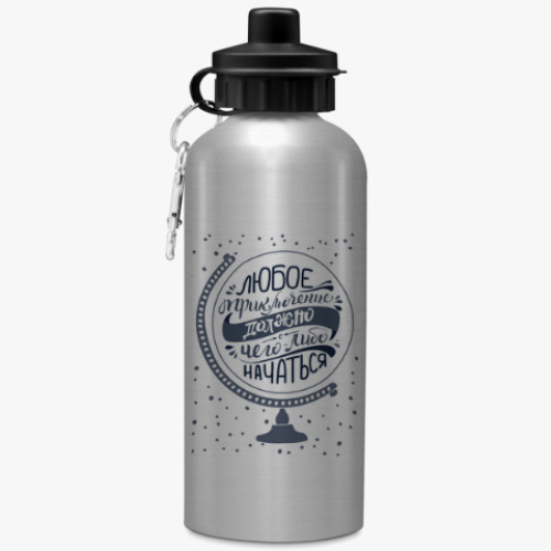 Бутылка с карабином (500 мл) с принтом Приключения начинаются прямо сейчас