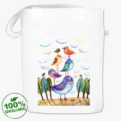 Сумка шоппер с принтом акварельная картинка, птицы, арт