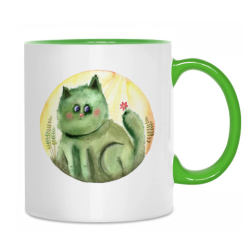 Кружка с принтом Акварельная иллюстрация Кот Кактус