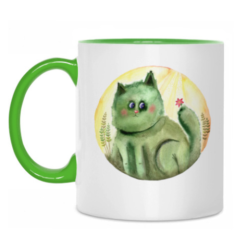 Кружка с принтом Акварельная иллюстрация Кот Кактус