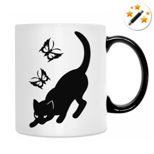 Кружка-хамелеон с принтом Котик с бабочками