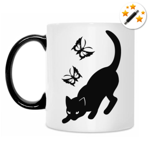 Кружка-хамелеон с принтом Котик с бабочками