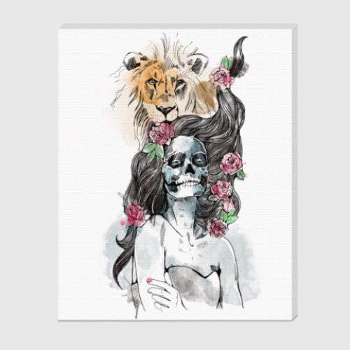 Холст с принтом Девушка-Лев-Череп