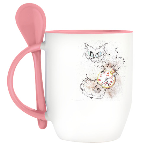Кружка с ложкой с принтом Чеширский Кот