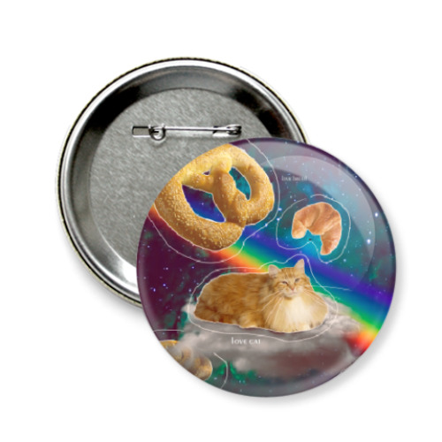 Значок 58мм с принтом Космический кот на облаке