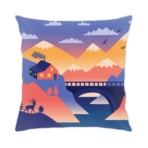 Подушка с принтом Олень и горы
