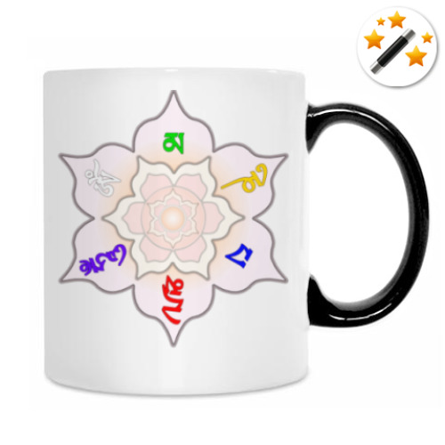 Кружка-хамелеон с принтом Ом мани падмэ  хум мантра разноцветная в лотосе