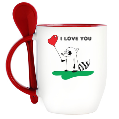 Кружка с ложкой с принтом 'Енот'