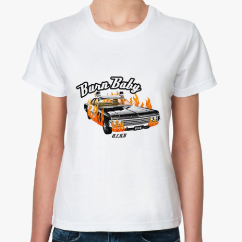 Классическая футболка с принтом 'burn baby'