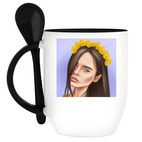 Кружка с ложкой с принтом Арт «девушка с венком»