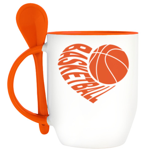 Кружка с ложкой с принтом Баскетбол в сердце