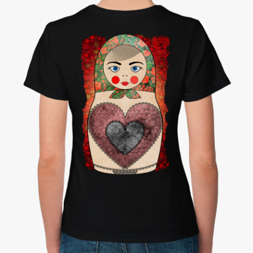 Женская футболка с принтом Матрешка сердце