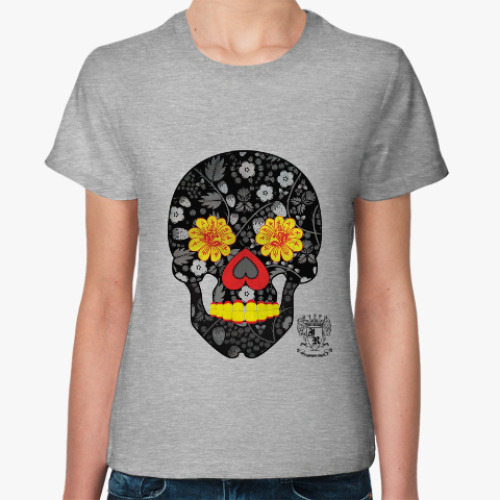 Женская футболка с принтом веселый череп хохлома