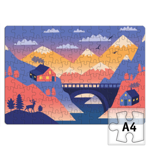 Пазл с принтом Дом, олень и горы