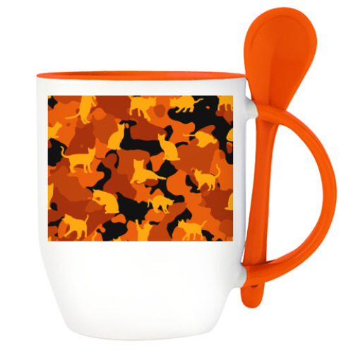 Кружка с ложкой с принтом Коты на камуфляже