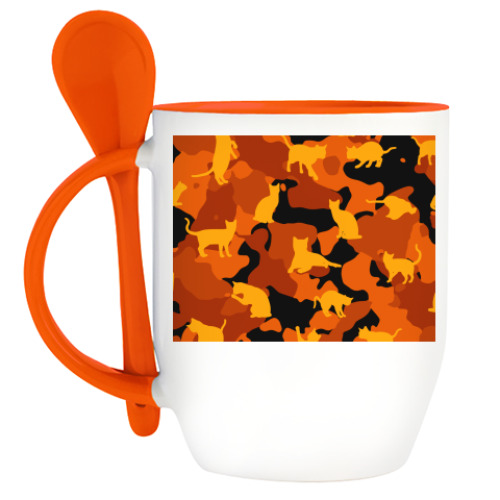 Кружка с ложкой с принтом Коты на камуфляже