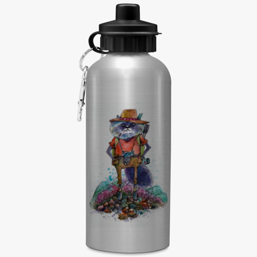 Бутылка с карабином (500 мл) с принтом Енот путешественник