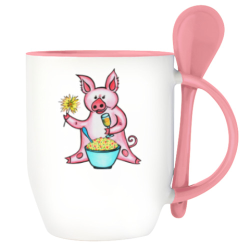 Кружка с ложкой с принтом год свиньи