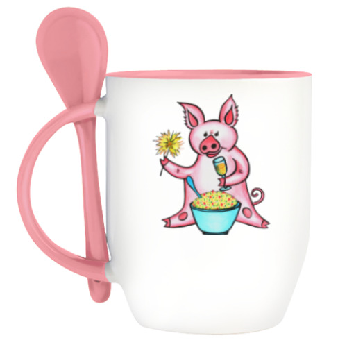 Кружка с ложкой с принтом год свиньи