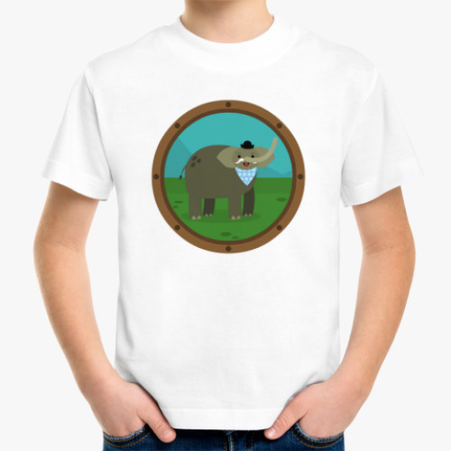 Детская футболка с принтом Слон Тромбон в иллюминаторе