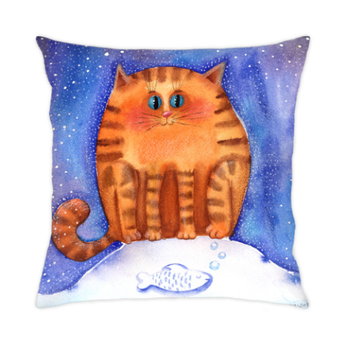 Подушка с принтом Рыжий акварельный кот