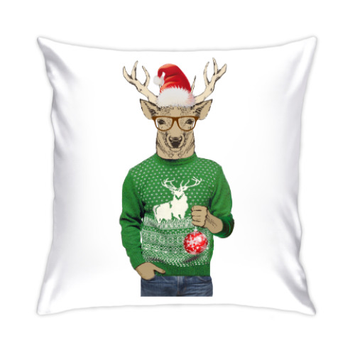 Подушка с принтом Олень новогодний в свитере и очках с шариком