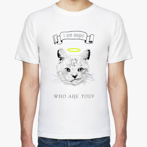 Футболка с принтом Кот ангел с нимбом над головой