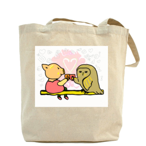 Сумка шоппер с принтом Чаепитие. Поросенок пьет чай.