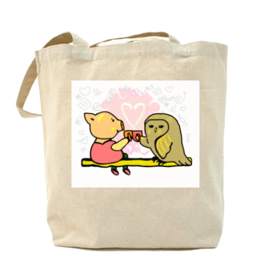 Сумка шоппер с принтом Чаепитие. Поросенок пьет чай.