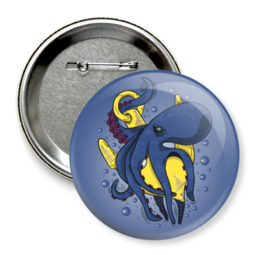 Значок 75мм с принтом Морское чудовище осьминог обвивший якорь под водой