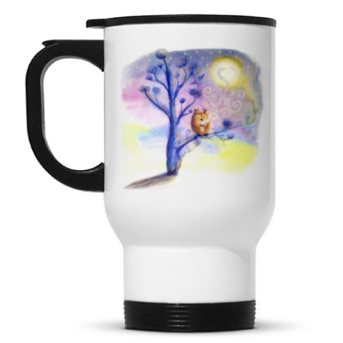 Кружка-термос с принтом Сова пьет кофе