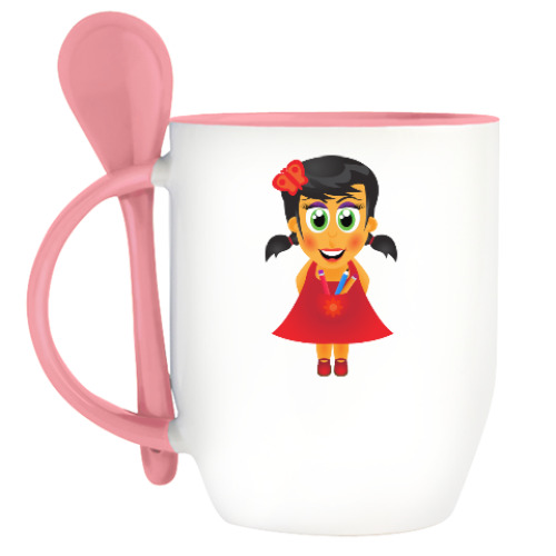 Кружка с ложкой с принтом Смешная девочка с косичками в платье