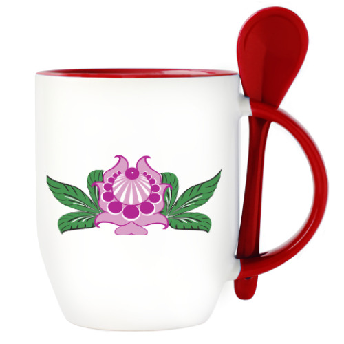 Кружка с ложкой с принтом Городецкая роспись