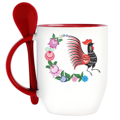 Кружка с ложкой с принтом Городецкая роспись