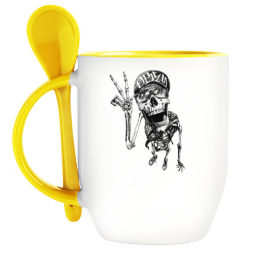Кружка с ложкой с принтом Thrash-скелет