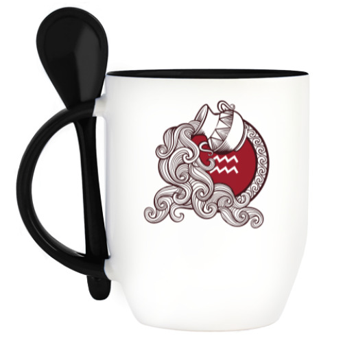 Кружка с ложкой с принтом Символ Водолей Знак Зодиака