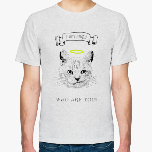 Футболка с принтом Кот ангел с нимбом над головой