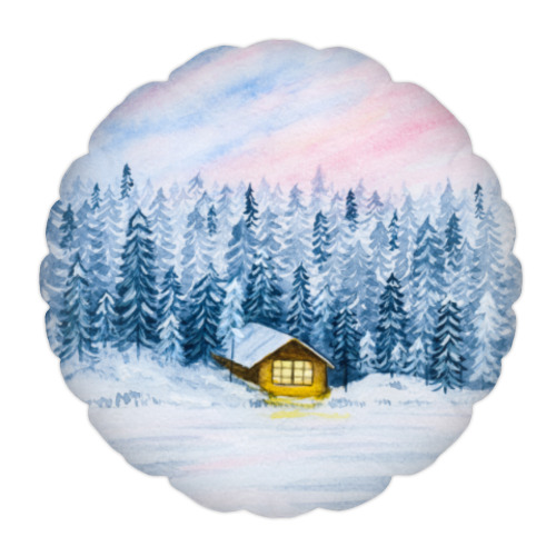 Подушка с принтом  Домик в зимнем лесу