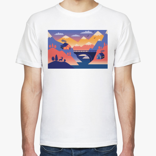 Футболка с принтом Дом, олень и горы